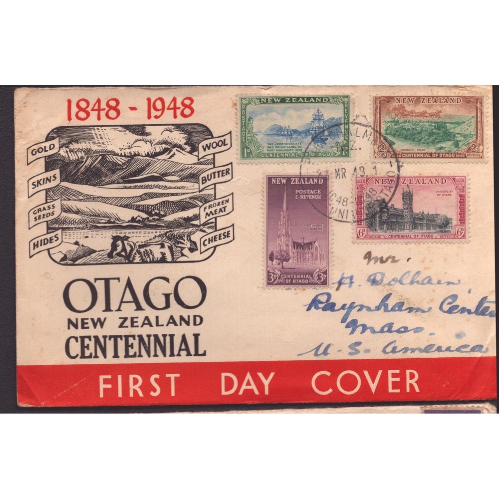 1948 New Zealand Otago Centennial FDC Illustrated Cachet Dunedin to USA - Picture 1 of 2